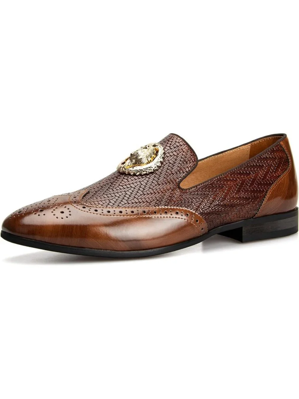 JITAI Men's Brown02 Rubber Loafer Metal Lion Head Buckle Comfortable Party Shoes
